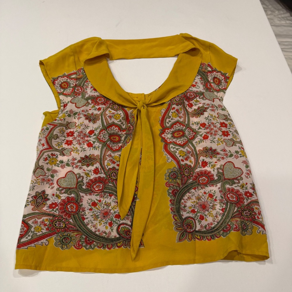 Maeve Anthropologie Silk Paisley Tie Back Button Down Top Mustard Yellow Size 12